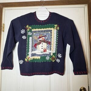 Christmas Holiday Sweater Tiara International VTG 2002 Snowman Scene Navy Blue D
